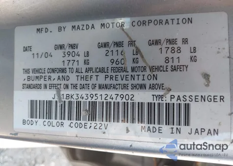 2005 Mazda Mazda3 S from USA, damaged, VIN JM1BK343951247902